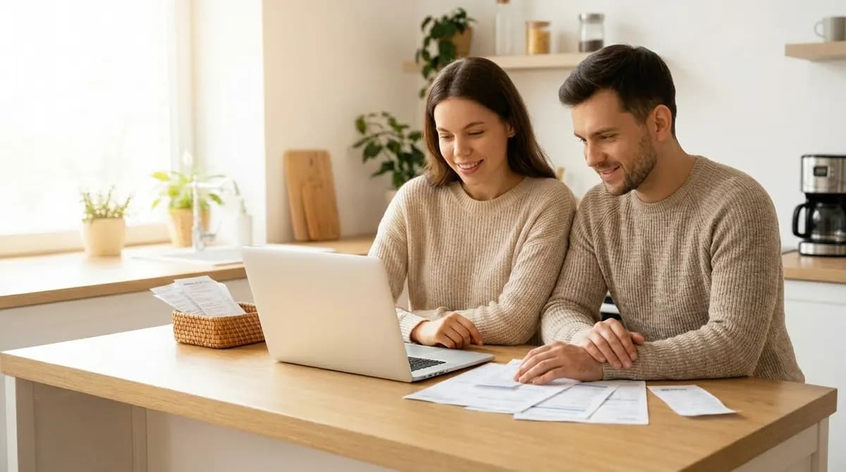 Couple organizing medical paperwork on a laptop at home.